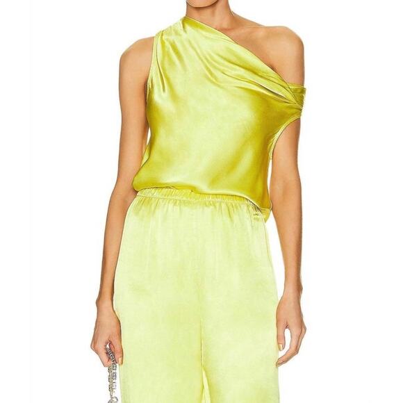 ENZA COSTA Satin Bias Off the Shoulder Top Womens Large 3 Lime Green Shirt NEW - Picture 2 of 16